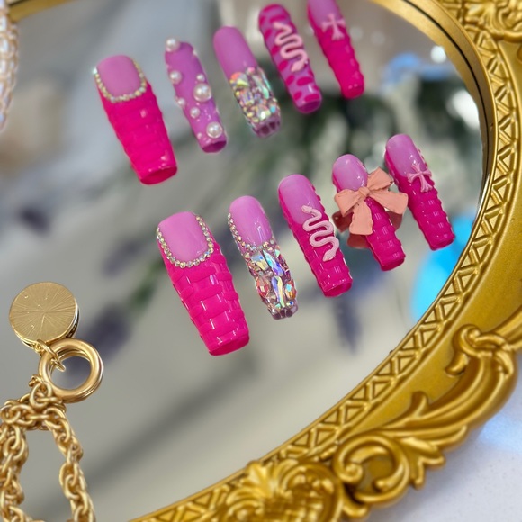 Long Square Pink Handmade Press On Nails - Picture 5 of 10